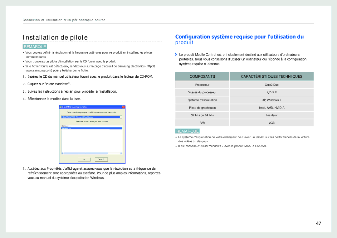 Samsung LC24B550US/EN, LC27B750XS/EN Installation de pilote, Configuration système requise pour lutilisation du produit 