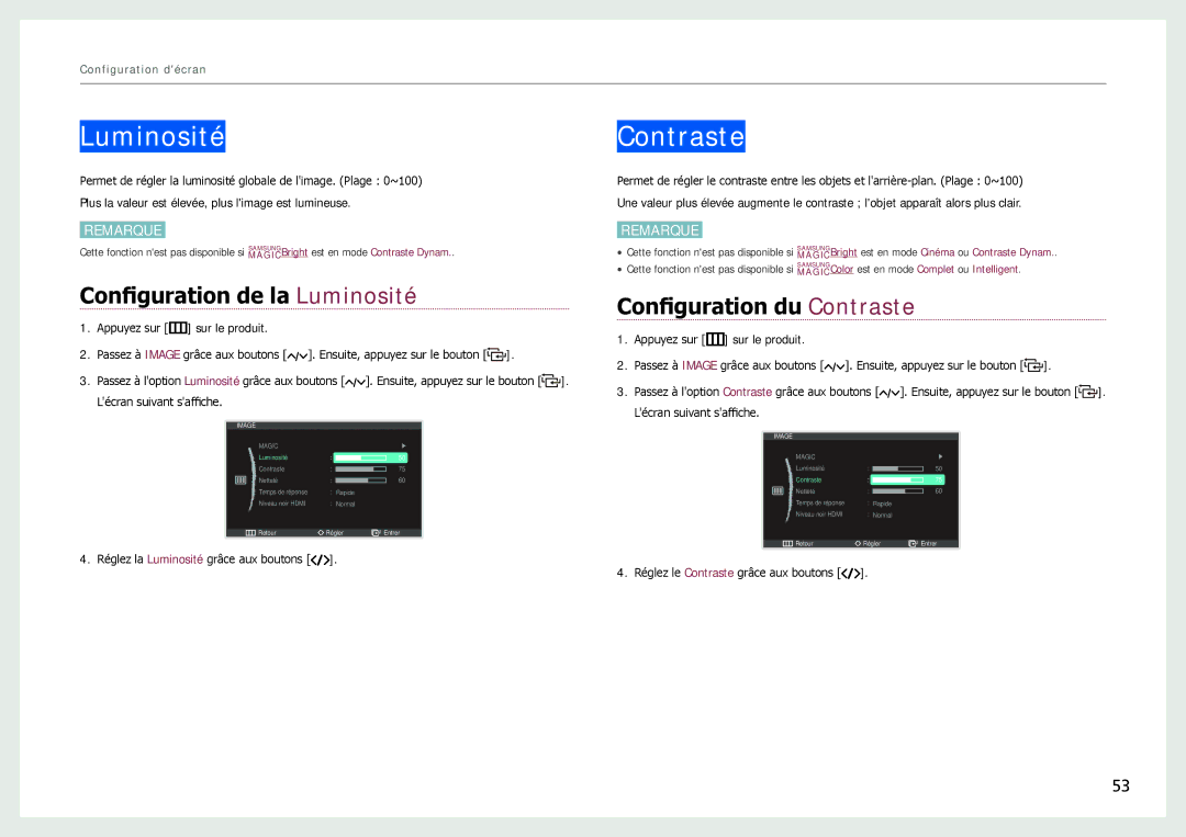 Samsung LC24B550US/EN, LC27B750XS/EN, LC24B750XS/EN manual Configuration de la Luminosité, Configuration du Contraste 
