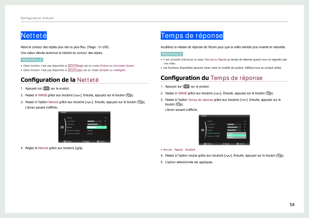 Samsung LC27B750XS/EN, LC24B750XS/EN, LC24B550US/EN Configuration de la Netteté, Configuration du Temps de réponse 