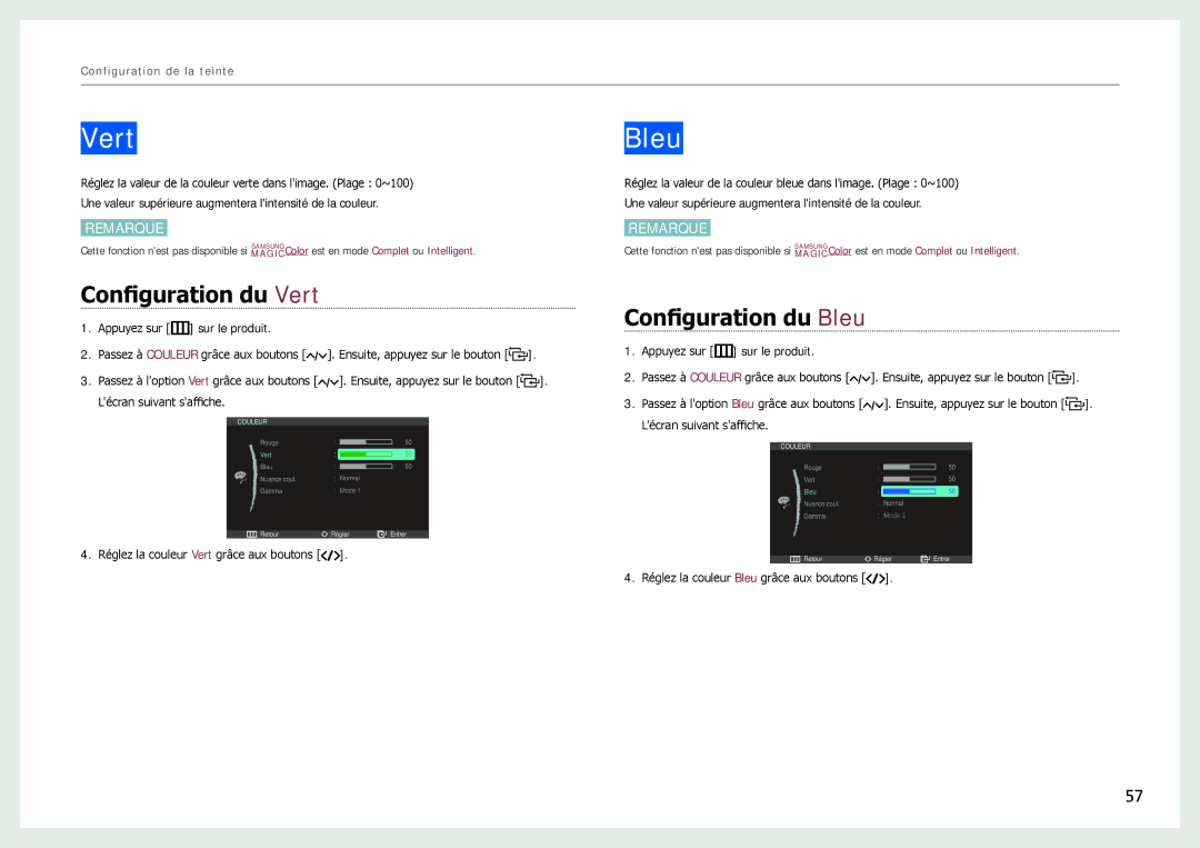 Samsung LC27B750XS/EN, LC24B750XS/EN, LC24B550US/EN manual Configuration du Vert, Configuration du Bleu 