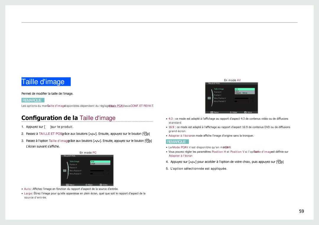Samsung LC24B550US/EN, LC27B750XS/EN, LC24B750XS/EN manual Configuration de la Taille dimage 