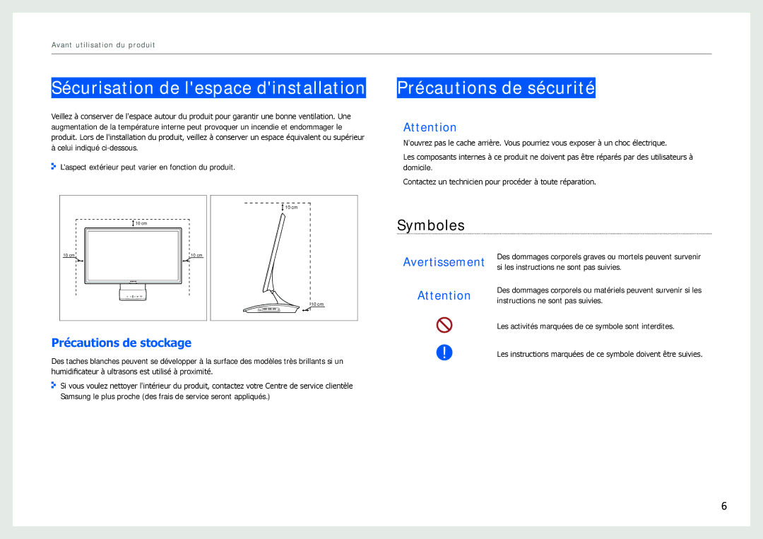 Samsung LC27B750XS/EN manual Sécurisation de lespace dinstallation, Précautions de sécurité, Symboles, Avertissement 