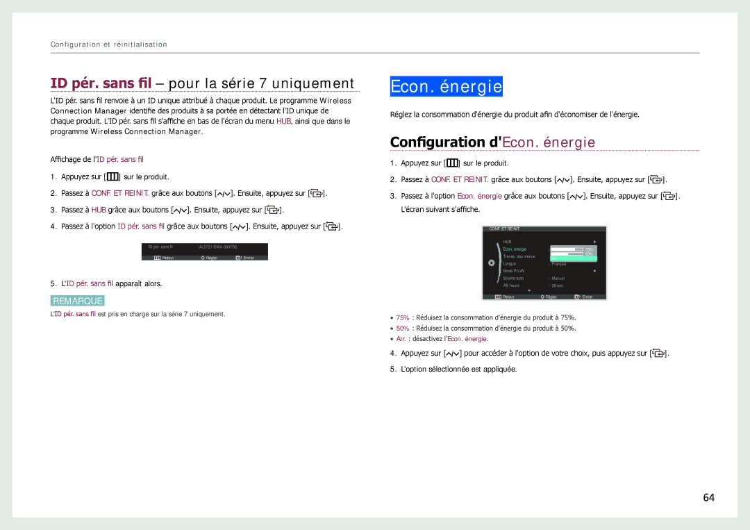 Samsung LC24B750XS/EN, LC27B750XS/EN manual ID pér. sans fil pour la série 7 uniquement, Configuration dEcon. énergie 