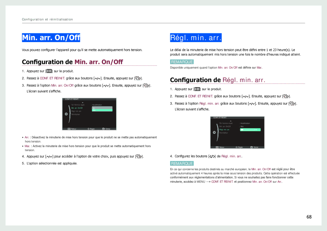 Samsung LC24B550US/EN, LC27B750XS/EN manual Configuration de Min. arr. On/Off, Configuration de Régl. min. arr 