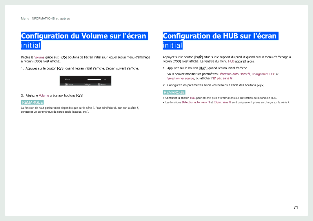 Samsung LC24B550US/EN, LC27B750XS/EN Configuration du Volume sur lécran initial, Configuration de HUB sur lécran initial 