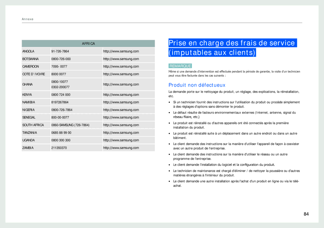 Samsung LC27B750XS/EN manual Prise en charge des frais de service imputables aux clients, Produit non défectueux, Africa 