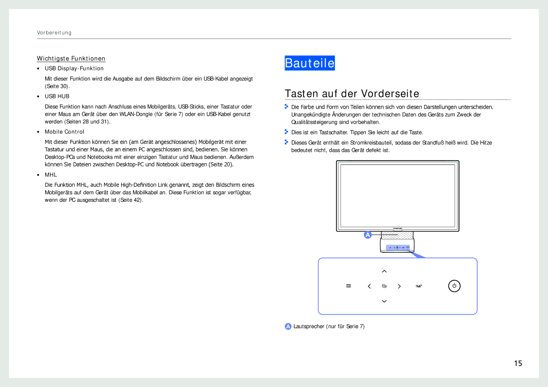 Samsung LC27B750XS/EN, LC24B750XS/EN, LC24B550US/EN manual Bauteile, Tasten auf der Vorderseite 