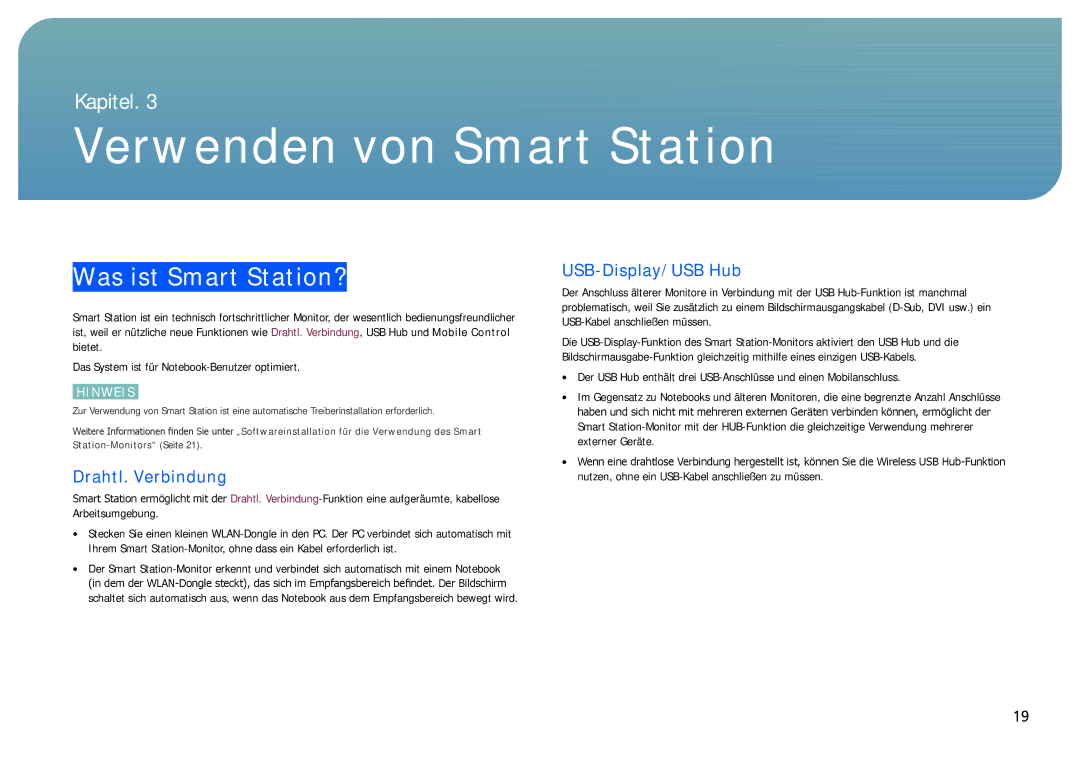 Samsung LC24B750XS/EN manual Verwenden von Smart Station, Was ist Smart Station?, Drahtl. Verbindung, USB-Display/USB Hub 