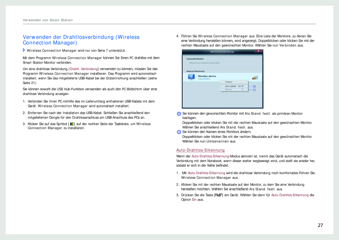 Samsung LC27B750XS/EN, LC24B750XS/EN, LC24B550US/EN manual Verwenden der Drahtlosverbindung Wireless Connection Manager 