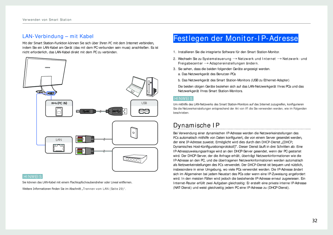 Samsung LC24B550US/EN, LC27B750XS/EN manual Festlegen der Monitor-IP-Adresse, Dynamische IP, LAN-Verbindung mit Kabel 