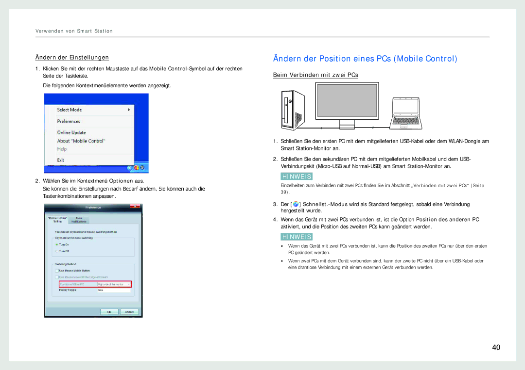 Samsung LC24B750XS/EN, LC27B750XS/EN, LC24B550US/EN Ändern der Position eines PCs Mobile Control, Ändern der Einstellungen 