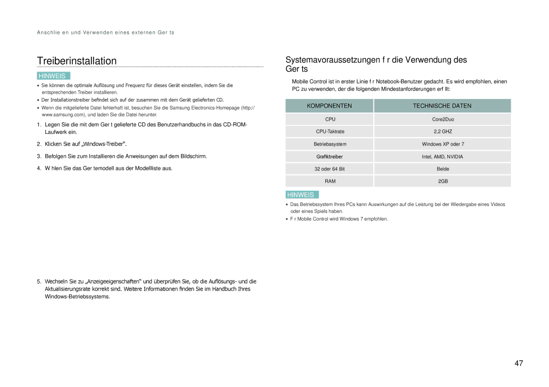 Samsung LC24B550US/EN, LC27B750XS/EN manual Treiberinstallation, Systemavoraussetzungen für die Verwendung des Geräts 