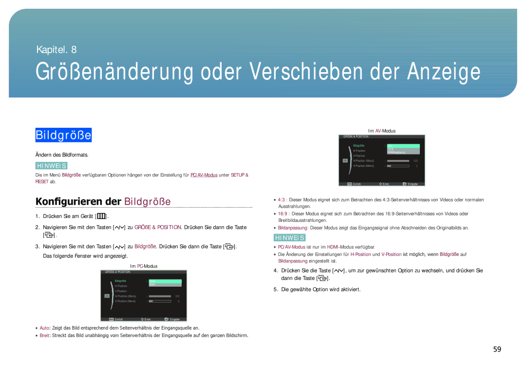 Samsung LC24B550US/EN, LC27B750XS/EN manual Größenänderung oder Verschieben der Anzeige, Konfigurieren der Bildgröße 