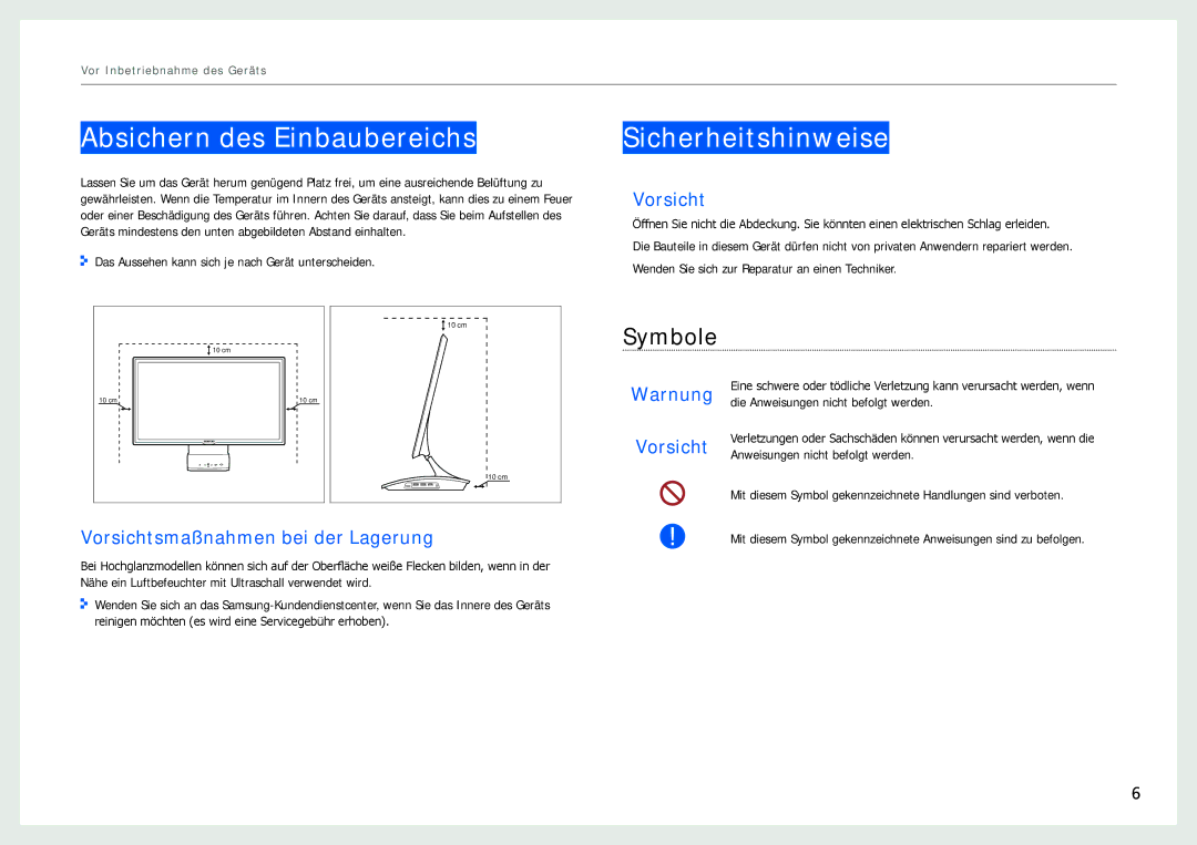 Samsung LC27B750XS/EN, LC24B750XS/EN, LC24B550US/EN manual Absichern des Einbaubereichs, Sicherheitshinweise, Symbole 