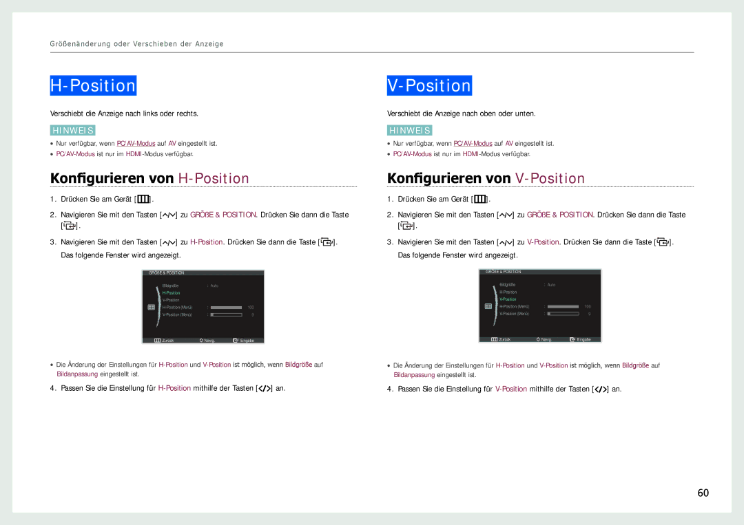 Samsung LC27B750XS/EN, LC24B750XS/EN, LC24B550US/EN manual Konfigurieren von H-Position, Konfigurieren von V-Position 