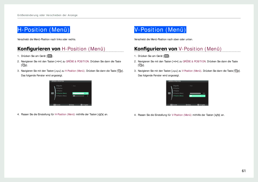 Samsung LC24B750XS/EN, LC27B750XS/EN manual Konfigurieren von H-Position Menü, Konfigurieren von V-Position Menü 