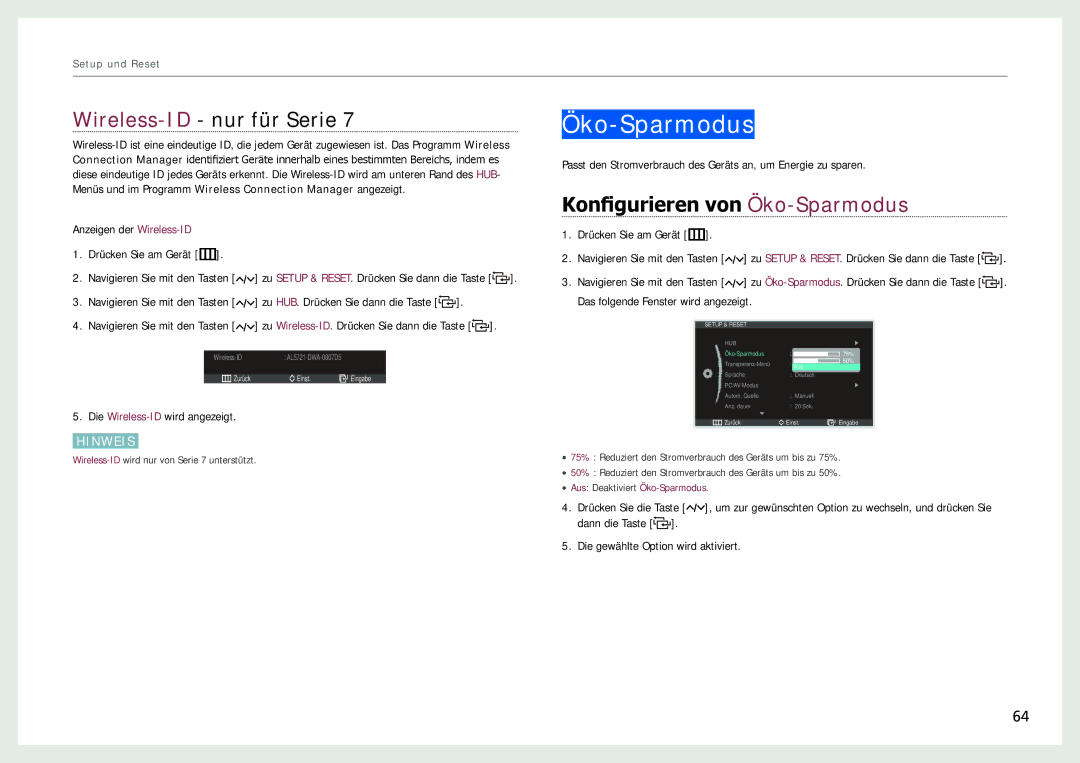Samsung LC24B750XS/EN, LC27B750XS/EN, LC24B550US/EN manual Wireless-ID- nur für Serie, Konfigurieren von Öko-Sparmodus 