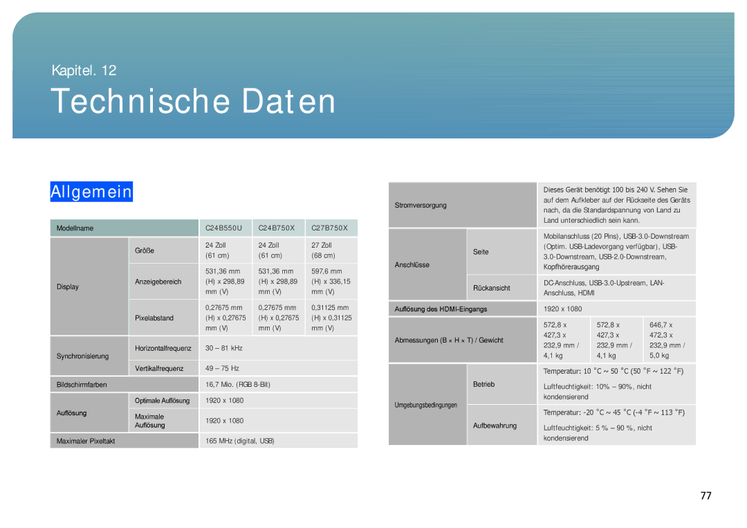 Samsung LC24B550US/EN, LC27B750XS/EN, LC24B750XS/EN manual Technische Daten, Allgemein 