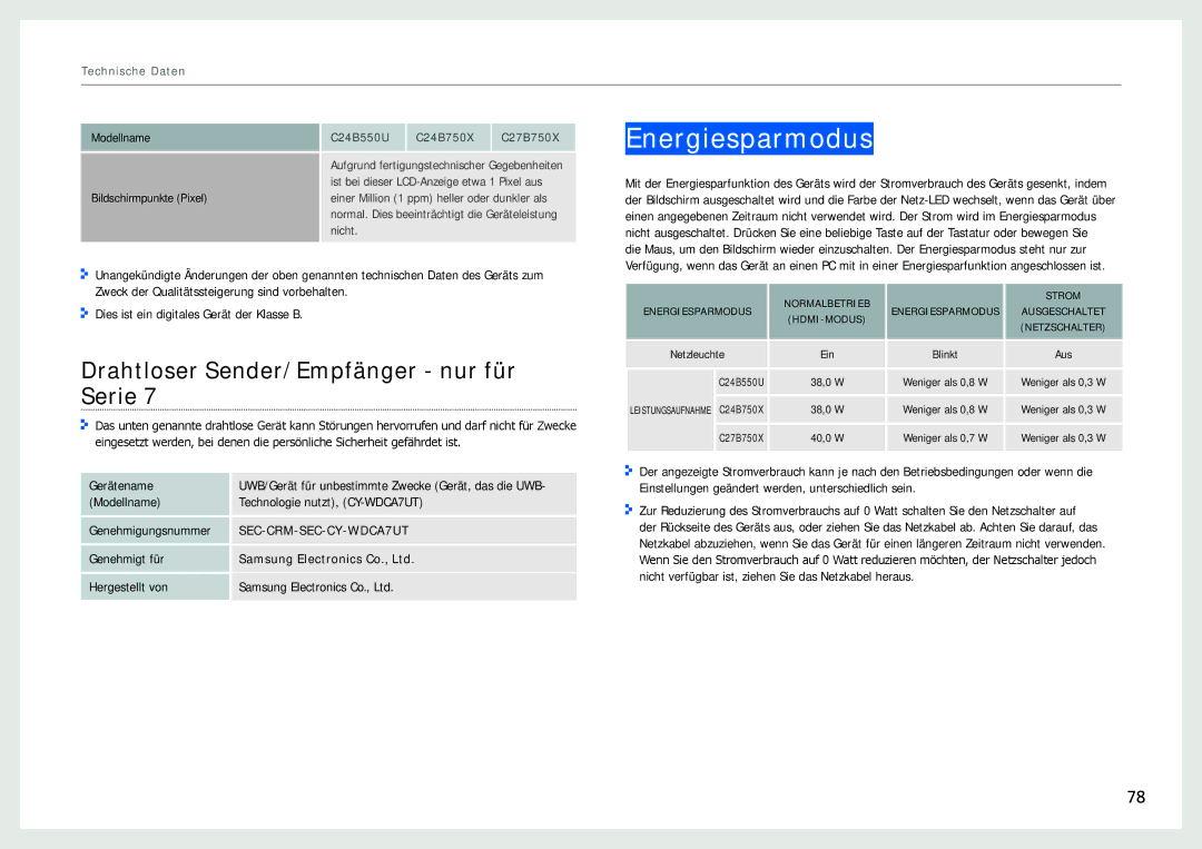 Samsung LC27B750XS/EN, LC24B750XS/EN, LC24B550US/EN manual Energiesparmodus, Drahtloser Sender/Empfänger nur für Serie 
