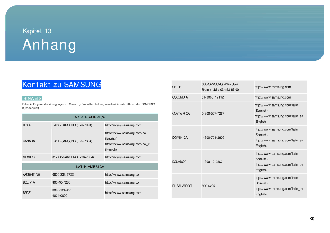 Samsung LC24B550US/EN, LC27B750XS/EN, LC24B750XS/EN manual Anhang, Kontakt zu Samsung 