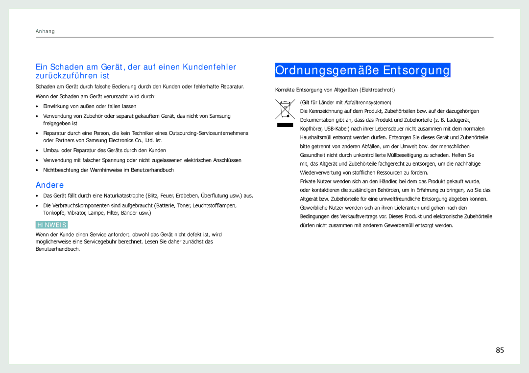 Samsung LC24B750XS/EN, LC27B750XS/EN, LC24B550US/EN manual Ordnungsgemäße Entsorgung, Andere 