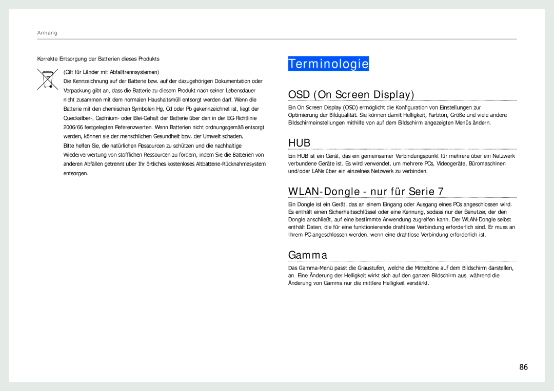 Samsung LC24B550US/EN, LC27B750XS/EN, LC24B750XS/EN Terminologie, OSD On Screen Display, WLAN-Dongle nur für Serie, Gamma 