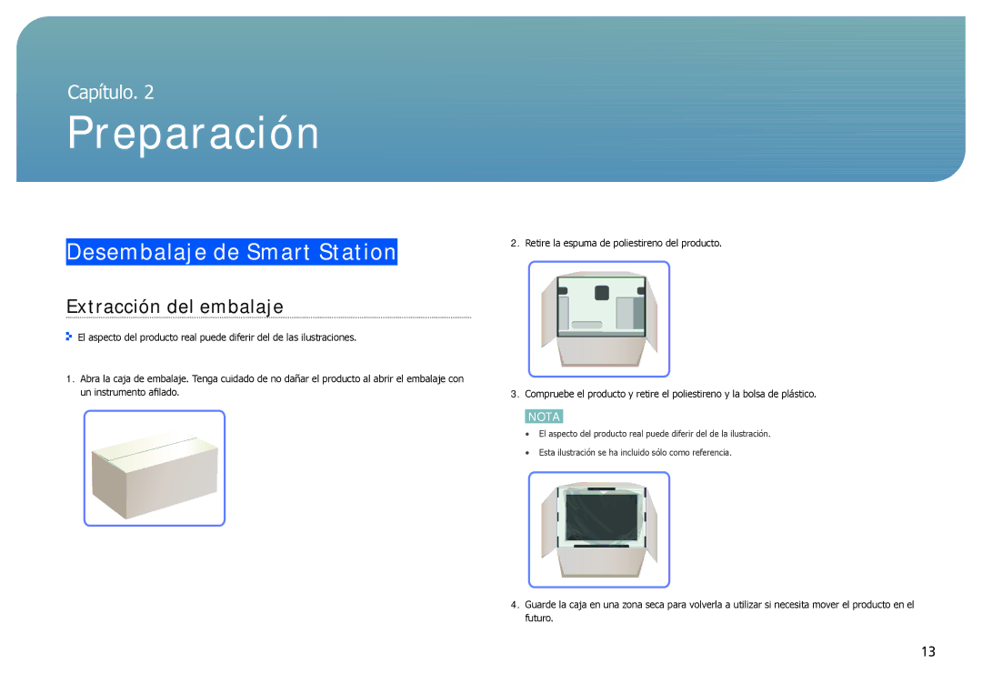 Samsung LC24B750XS/EN, LC27B750XS/EN, LC24B550US/EN manual Desembalaje de Smart Station, Extracción del embalaje 