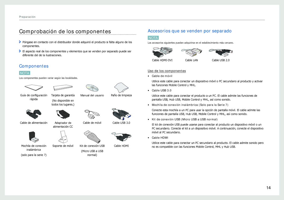 Samsung LC24B550US/EN, LC27B750XS/EN Comprobación de los componentes, Componentes, Accesorios que se venden por separado 