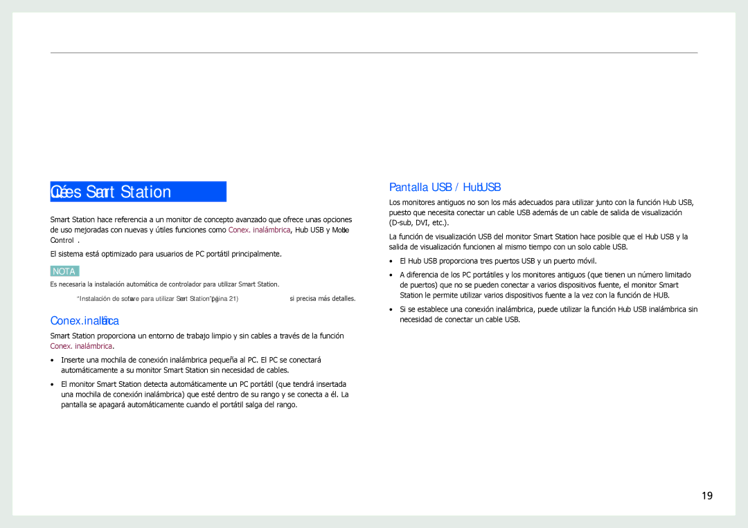 Samsung LC24B750XS/EN, LC27B750XS/EN, LC24B550US/EN manual Qué es Smart Station, Conex. inalámbrica, Pantalla USB / Hub USB 