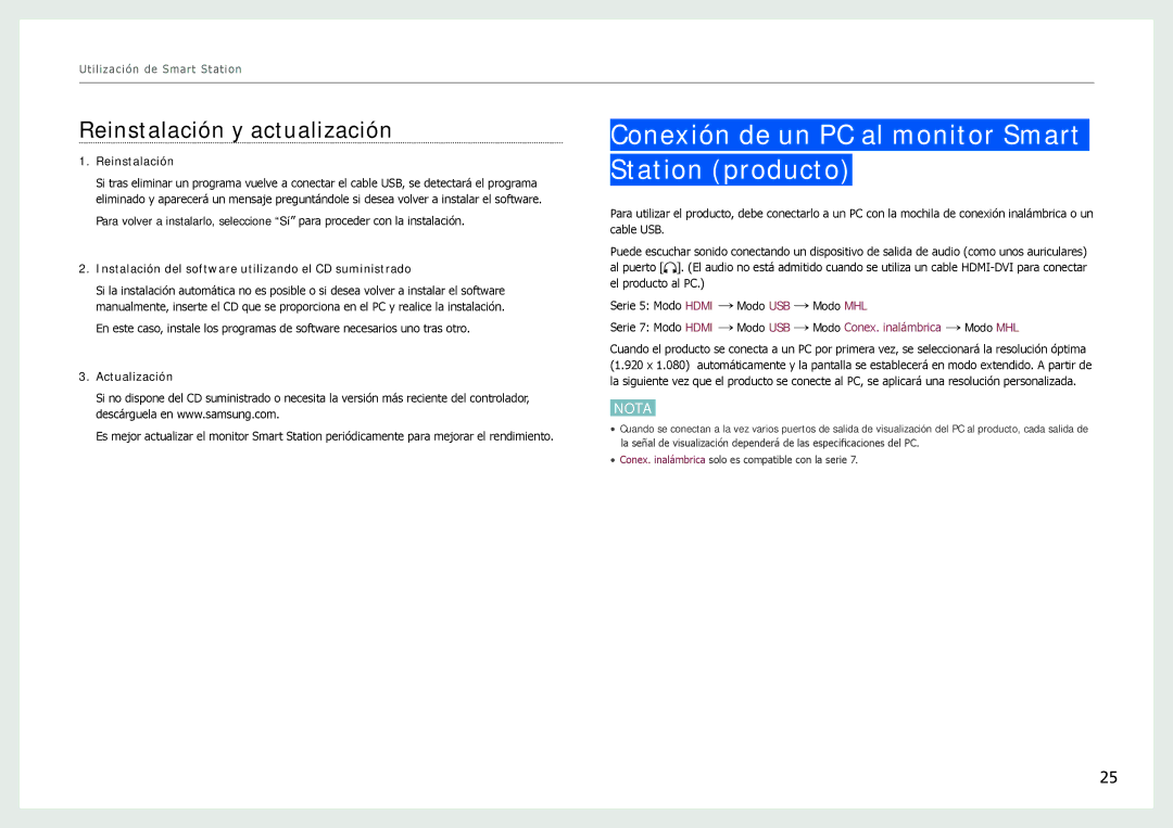 Samsung LC24B750XS/EN, LC27B750XS/EN Conexión de un PC al monitor Smart Station producto, Reinstalación y actualización 