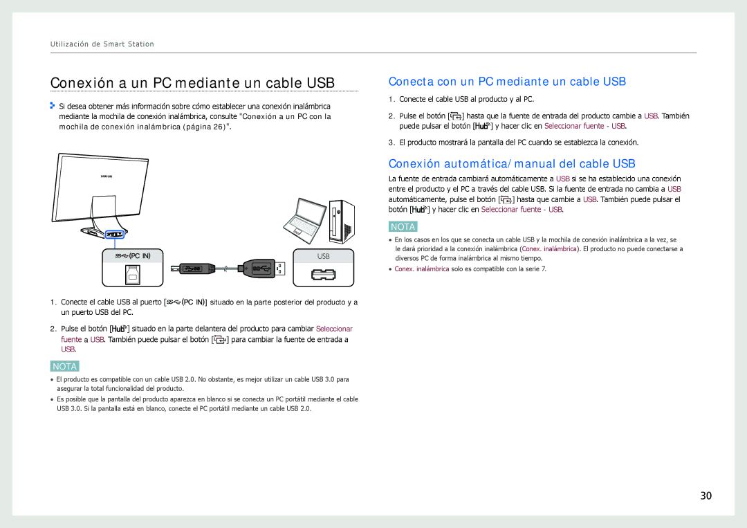 Samsung LC27B750XS/EN, LC24B750XS/EN manual Conexión a un PC mediante un cable USB, Conecta con un PC mediante un cable USB 