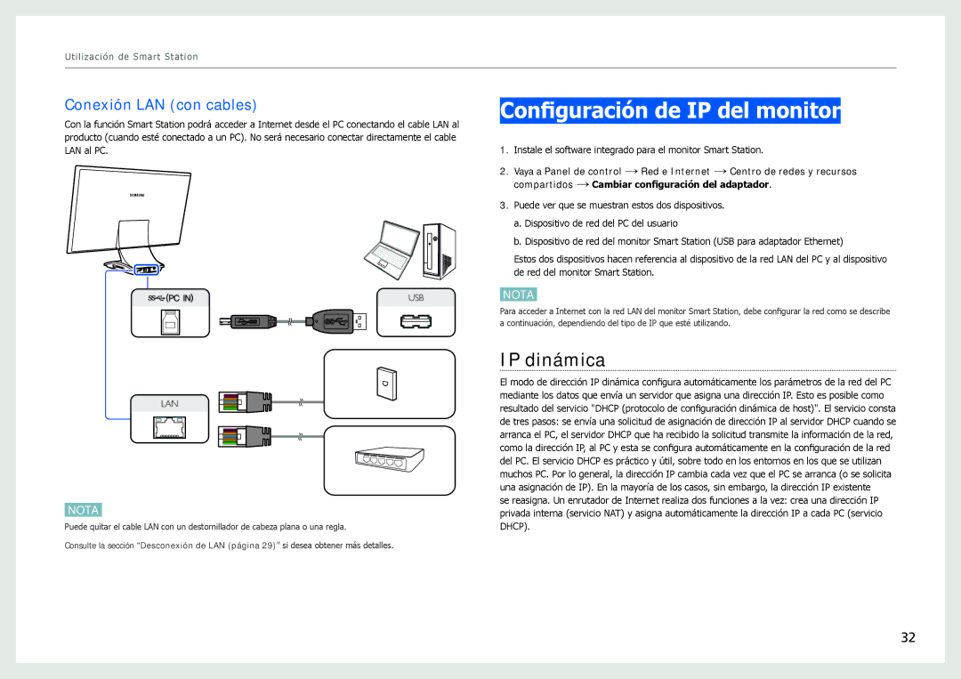 Samsung LC24B550US/EN, LC27B750XS/EN, LC24B750XS/EN Configuración de IP del monitor, IP dinámica, Conexión LAN con cables 