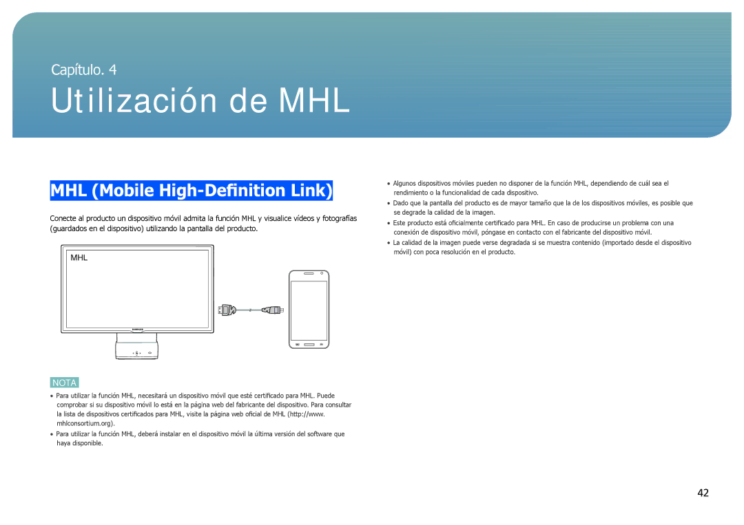 Samsung LC27B750XS/EN, LC24B750XS/EN, LC24B550US/EN manual Utilización de MHL, MHL Mobile High-Definition Link 