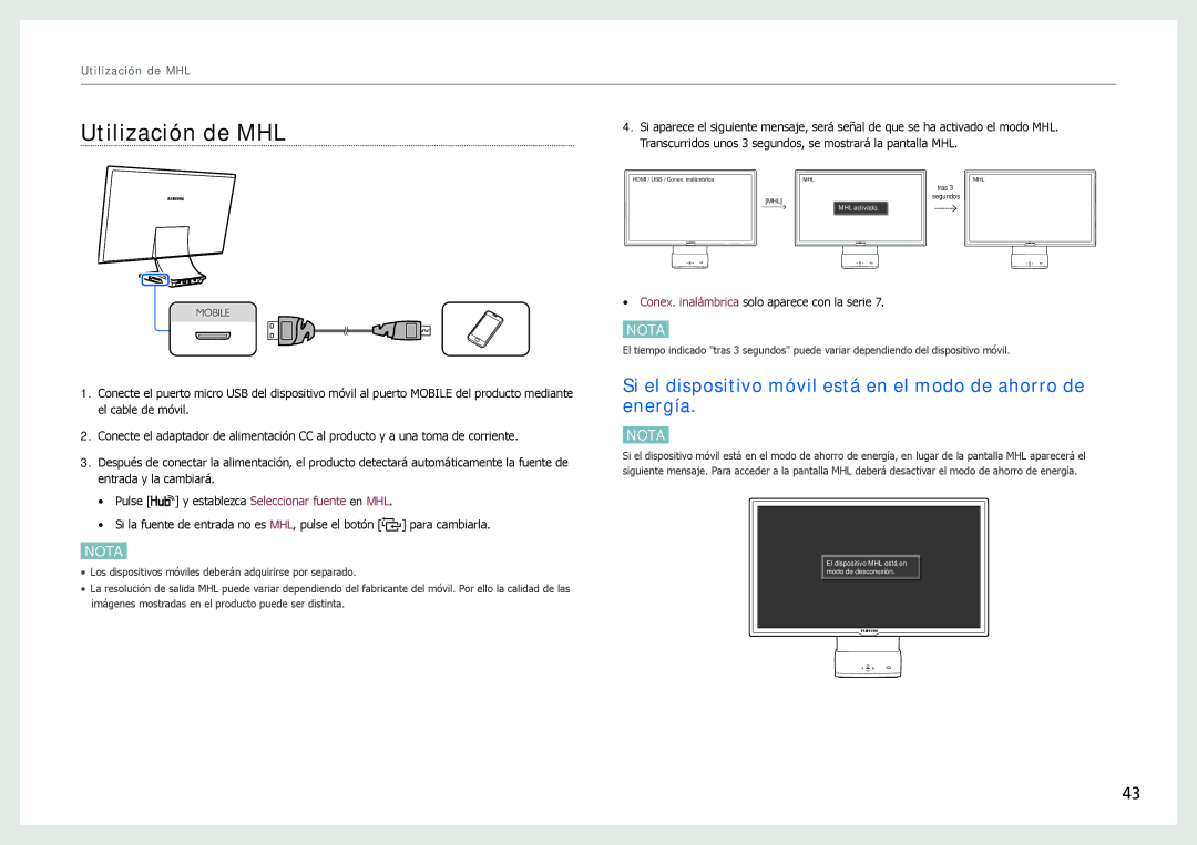 Samsung LC24B750XS/EN, LC27B750XS/EN manual Utilización de MHL, Si el dispositivo móvil está en el modo de ahorro de energía 