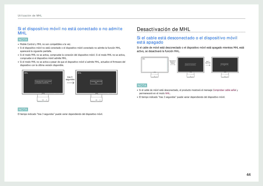 Samsung LC24B550US/EN, LC27B750XS/EN manual Desactivación de MHL, Si el dispositivo móvil no está conectado o no admite 