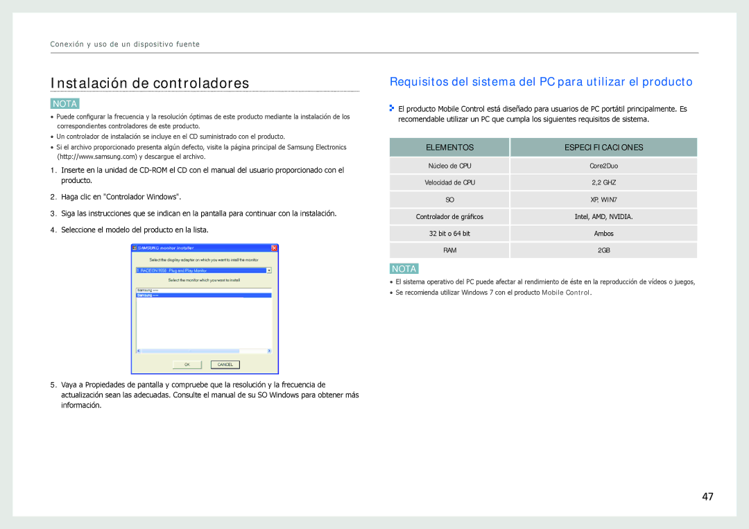 Samsung LC24B550US/EN, LC27B750XS/EN Instalación de controladores, Requisitos del sistema del PC para utilizar el producto 