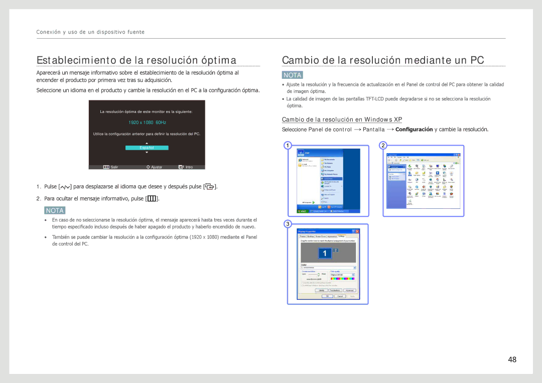 Samsung LC27B750XS/EN, LC24B750XS/EN manual Establecimiento de la resolución óptima, Cambio de la resolución mediante un PC 