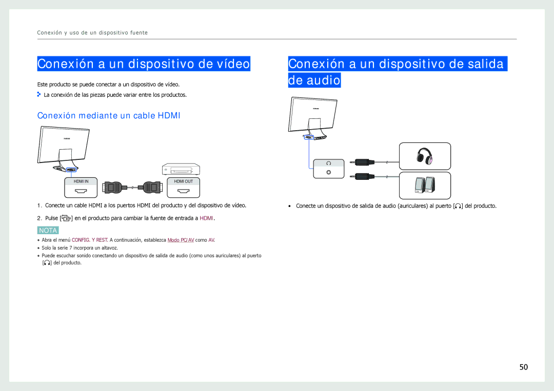 Samsung LC24B550US/EN, LC27B750XS/EN manual Conexión a un dispositivo de vídeo, Conexión a un dispositivo de salida de audio 