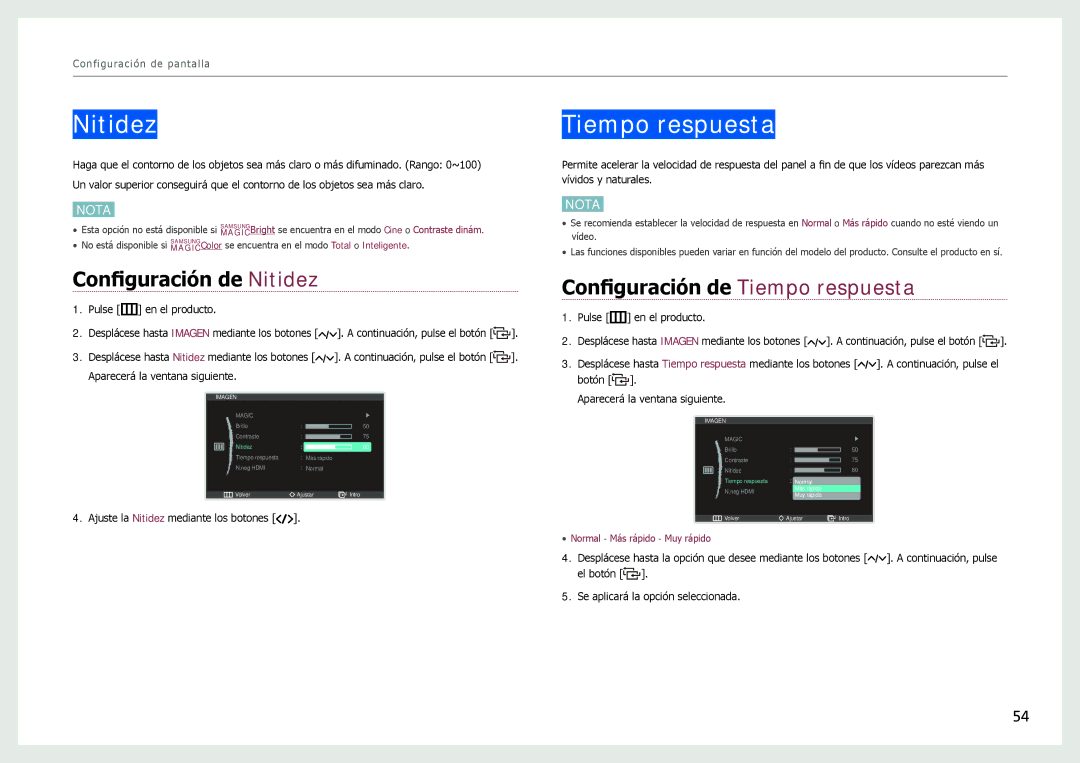 Samsung LC27B750XS/EN, LC24B750XS/EN, LC24B550US/EN Configuración de Nitidez, Configuración de Tiempo respuesta 