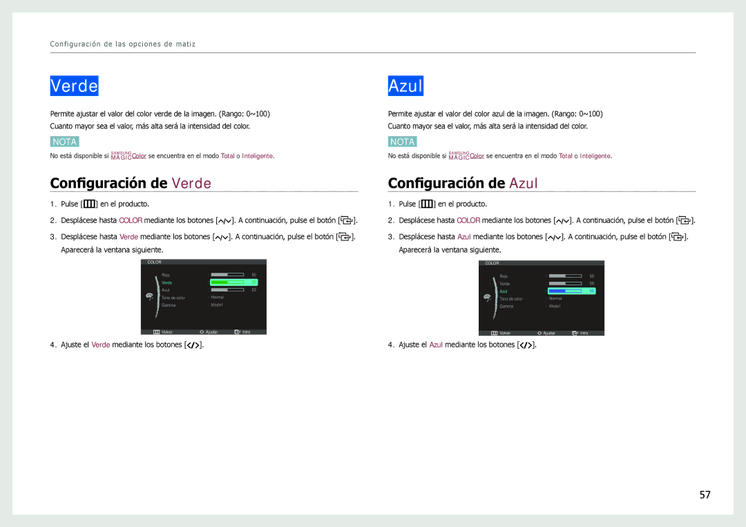 Samsung LC27B750XS/EN, LC24B750XS/EN, LC24B550US/EN manual Configuración de Verde, Configuración de Azul 