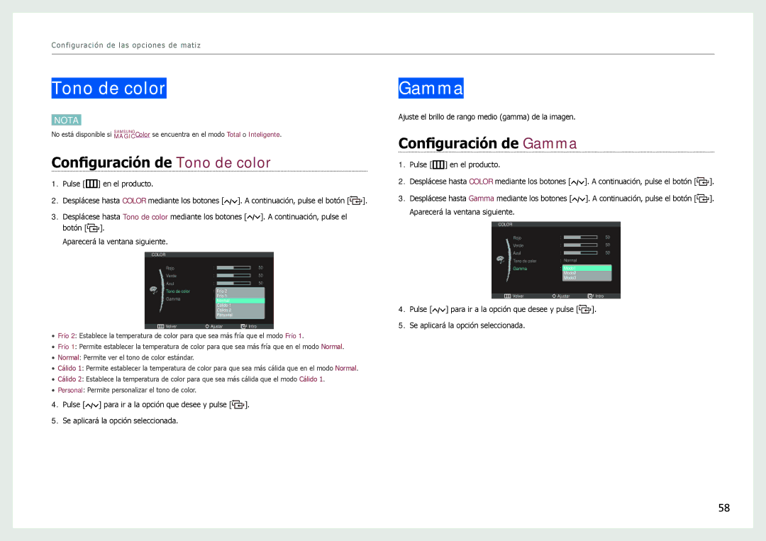 Samsung LC24B750XS/EN, LC27B750XS/EN, LC24B550US/EN manual Configuración de Tono de color, Configuración de Gamma 