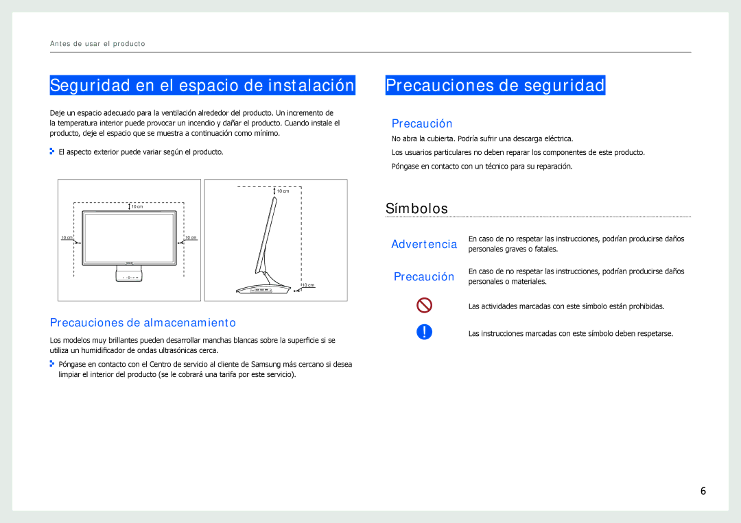 Samsung LC27B750XS/EN, LC24B750XS/EN manual Seguridad en el espacio de instalación, Precauciones de seguridad, Símbolos 