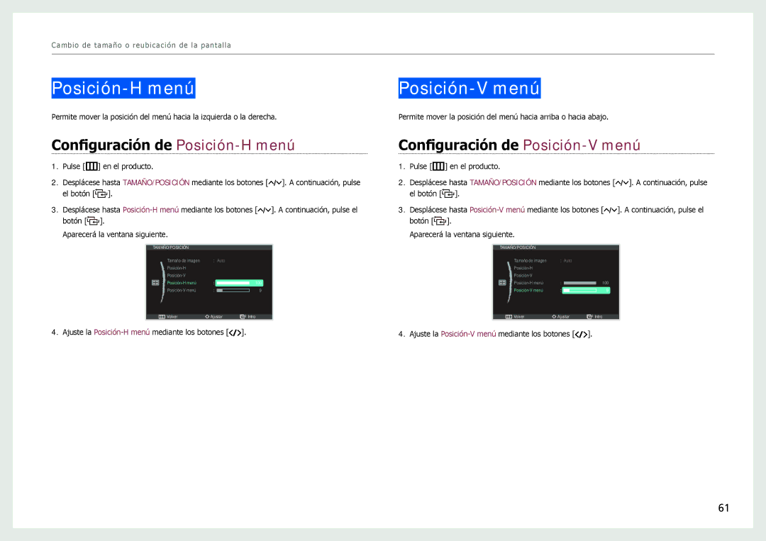 Samsung LC24B750XS/EN, LC27B750XS/EN, LC24B550US/EN manual Posición-H menú Posición-V menú 