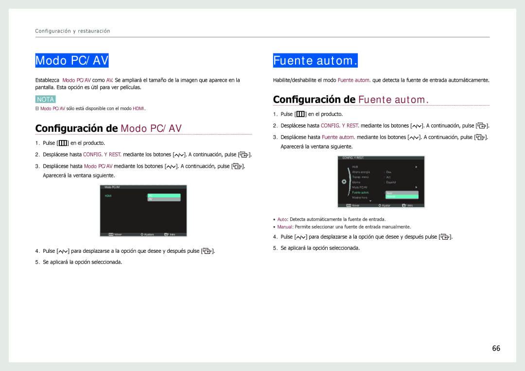 Samsung LC27B750XS/EN, LC24B750XS/EN, LC24B550US/EN manual Configuración de Modo PC/AV, Configuración de Fuente autom 