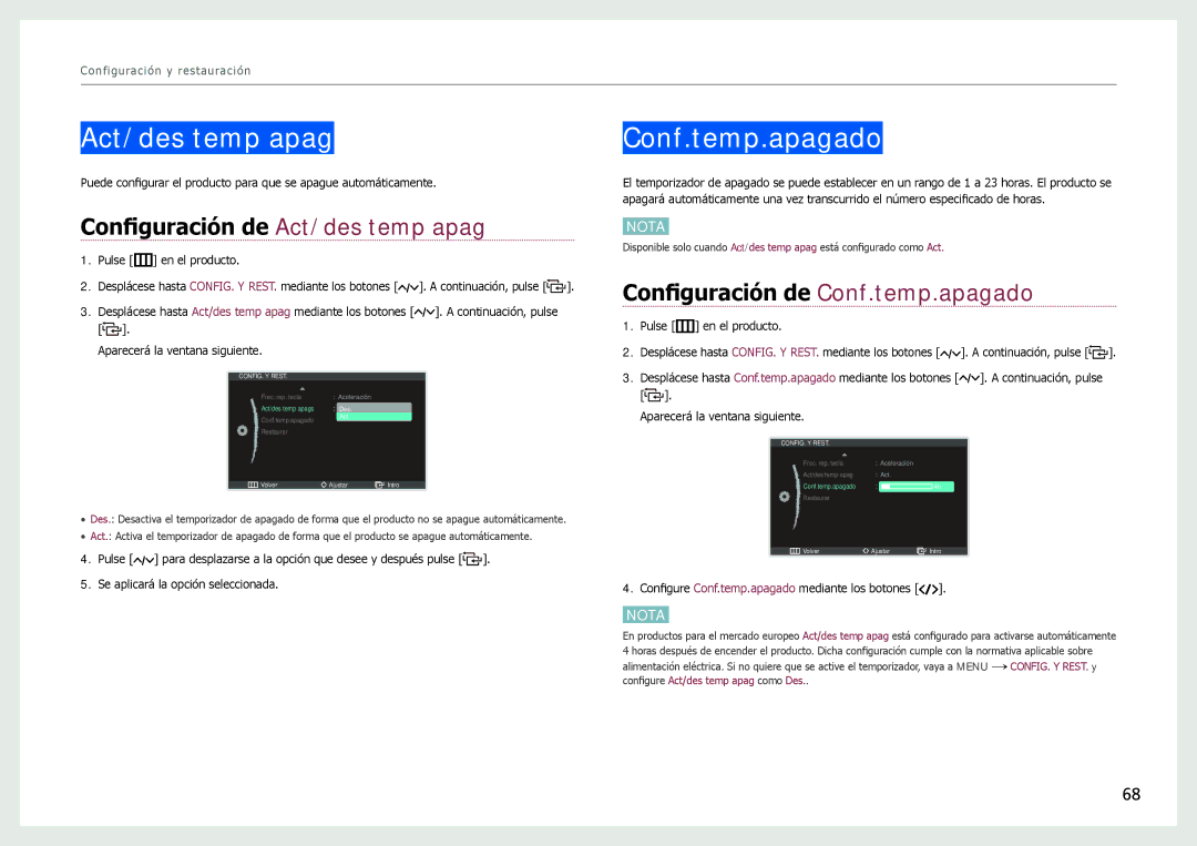 Samsung LC24B550US/EN, LC27B750XS/EN manual Configuración de Act/des temp apag, Configuración de Conf.temp.apagado 