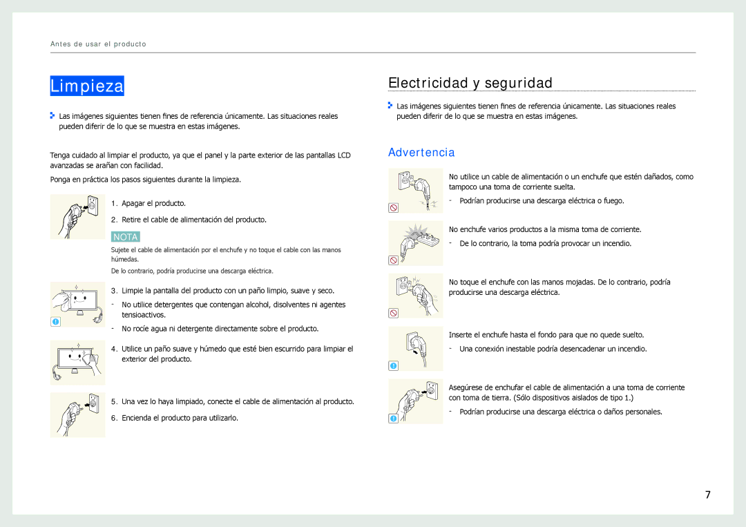 Samsung LC24B750XS/EN, LC27B750XS/EN, LC24B550US/EN manual Limpieza, Electricidad y seguridad, Advertencia 