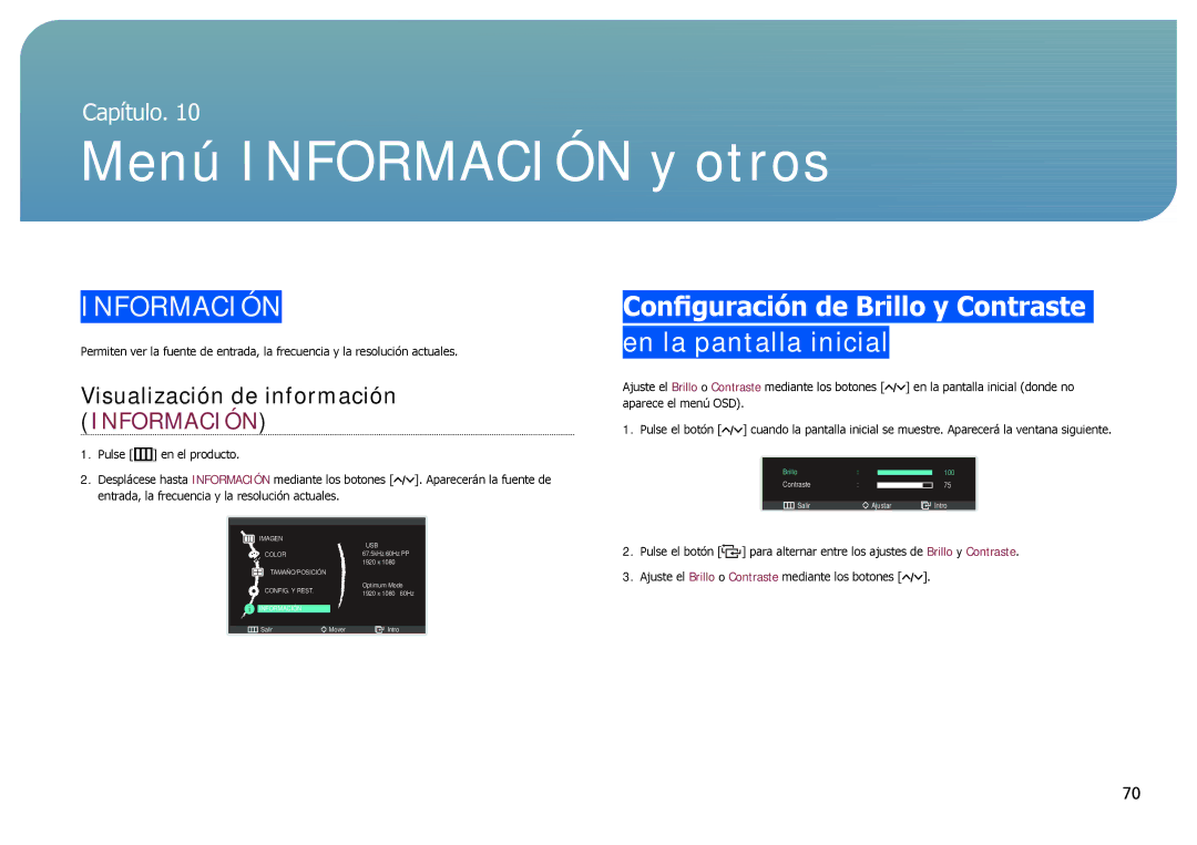 Samsung LC24B750XS/EN manual Configuración de Brillo y Contraste en la pantalla inicial, Visualización de información 