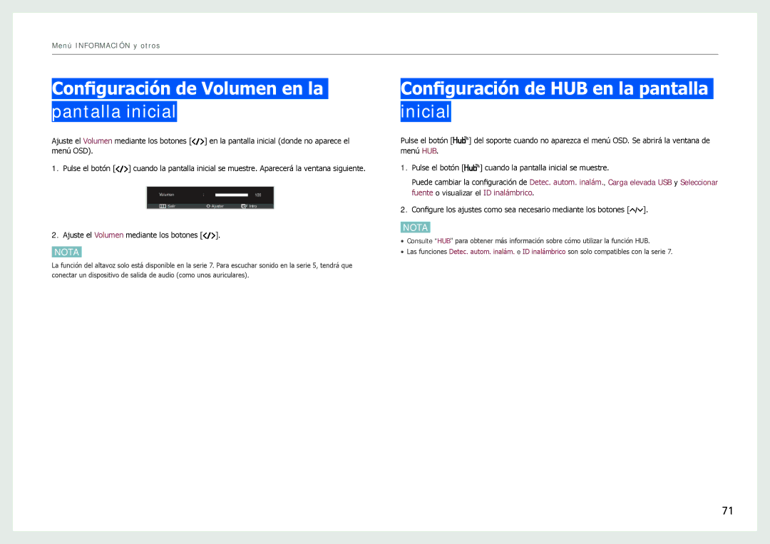Samsung LC24B550US/EN manual Configuración de Volumen en la pantalla inicial, Configuración de HUB en la pantalla inicial 