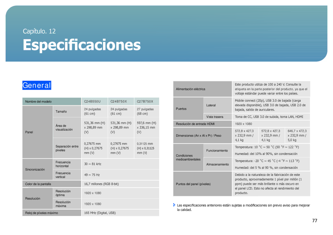 Samsung LC24B550US/EN, LC27B750XS/EN, LC24B750XS/EN manual Especificaciones, General 