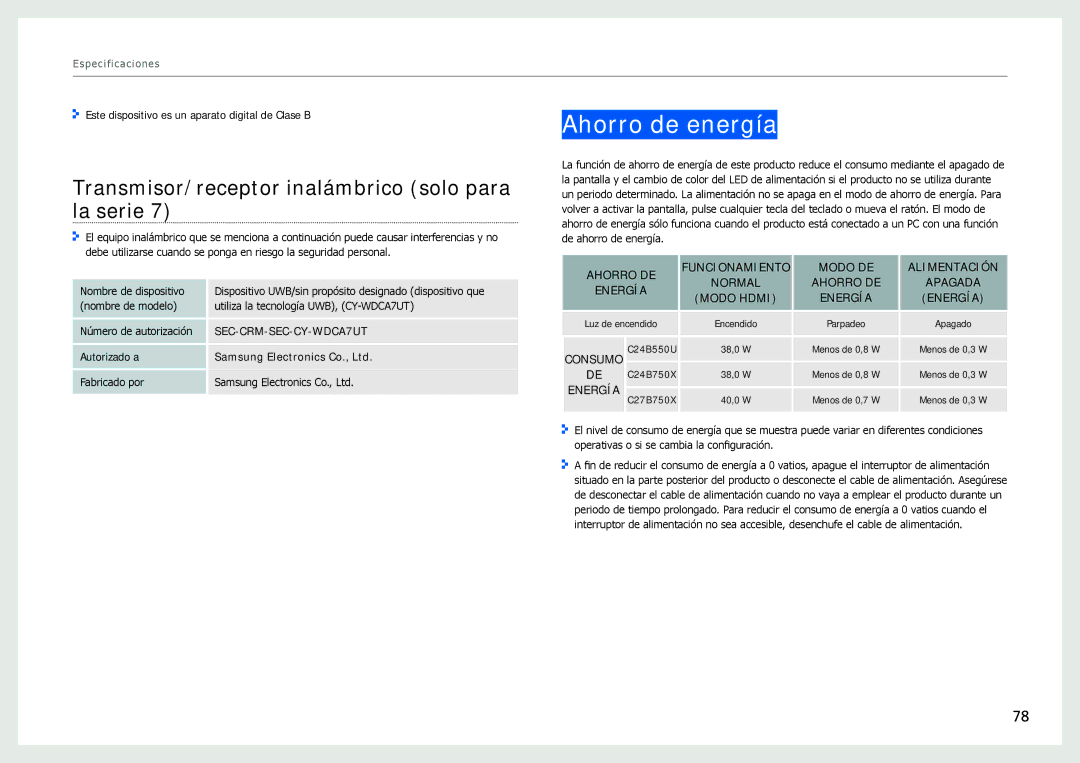 Samsung LC27B750XS/EN, LC24B750XS/EN, LC24B550US/EN Ahorro de energía, Transmisor/receptor inalámbrico solo para la serie 